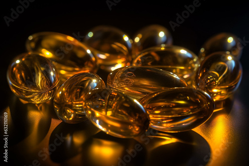Omega 3 capsules, fish oil, vitamin. Closeup. Generative AI.