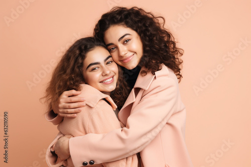 Mom and daughter hugging, pastel background, studio shot. Generative AI.