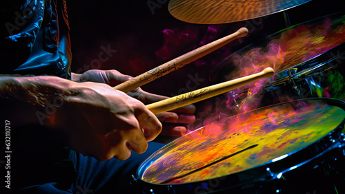 Electrifying close-up of a rock drummer's hands striking drums, vibrant digital light pulsing with each hit expressing rhythm and raw energy. Generative AI photo