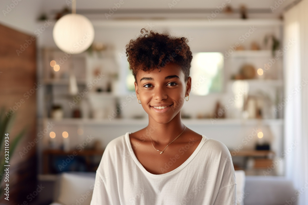 Fototapeta premium Cheerful girl smiling in the living room. Generative AI.