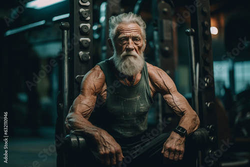 Elderly bodybuilder sitting on equipment at the gym.Generative AI.