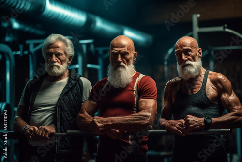 Group of muscular senior men at the gym. Generative AI.