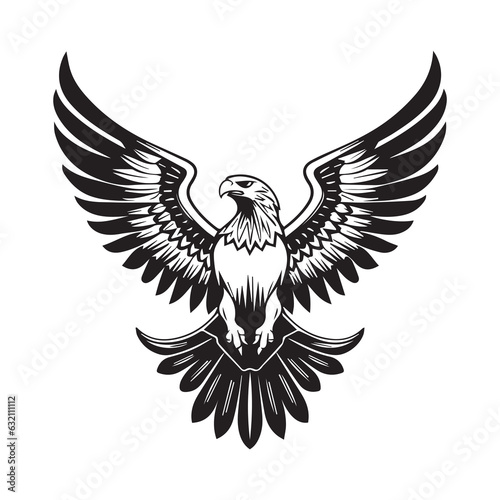 Eagle, hawk, falcon emblem with spread wings, heraldic symbol, bird, predator, wild animal, design,