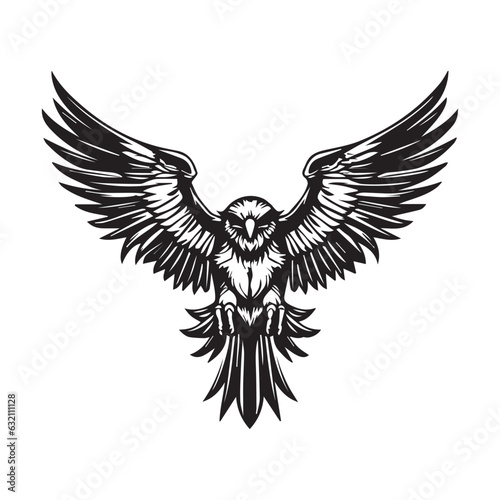 Eagle, hawk, falcon emblem with spread wings, heraldic symbol, bird, predator, wild animal, design,