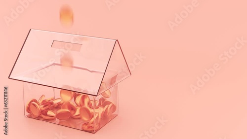 Money box glass transparent house with pouring gold coins. 3D animation