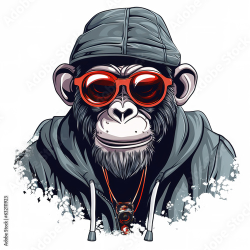 Monkey wearing hat with sunglasses. Modern street style for sticker or t-shirt design. Generative AI