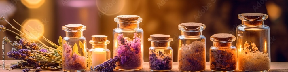 Assortment of natural oils in glass bottles. Concept of pure organic ingredients in cosmetology. Atmosphere of harmony, relax, spa. Spa still life with essential oils on table.  - obrazy, fototapety, plakaty 