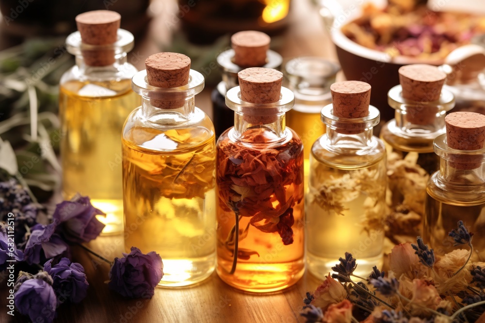 Assortment of natural oils in glass bottles. Concept of pure organic ingredients in cosmetology. Atmosphere of harmony, relax, spa. Spa still life with essential oils on table. Assortment of natural oils in glass bottles. Concept of pure organic ingredients in cosmetology. Atmosphere of harmony, relax, spa. Spa still life with essential oils on table.