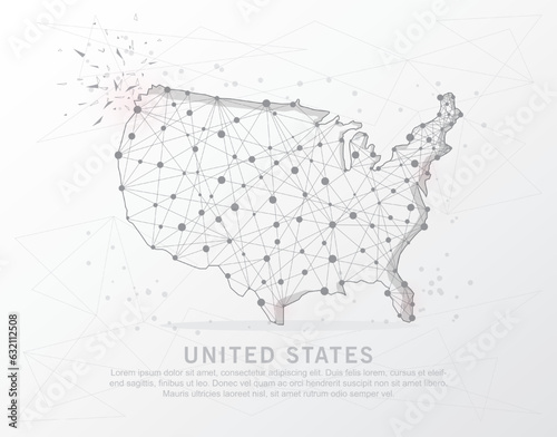 USA map mark point, abstract mesh line and composition digitally drawn starry sky or space in the form of broken a part triangle shape and scattered dots