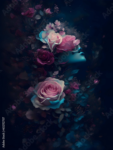 pink rose on blue