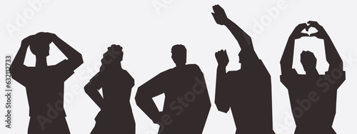 Black silhouettes of people stand in row back view, flat vector illustration isolated on white background. Rear view of people looking at something. Black shape stencil of interested curious people.