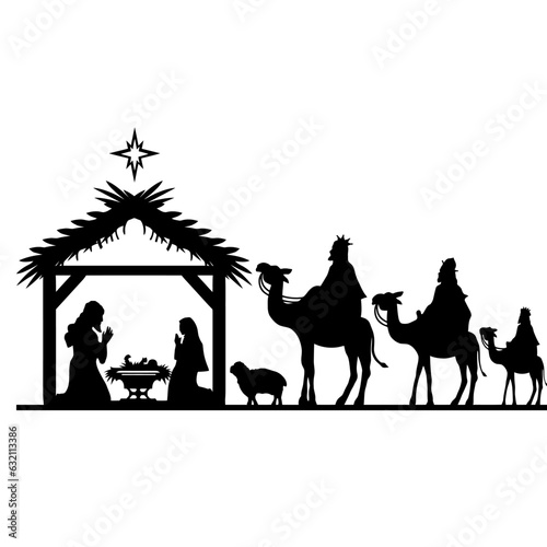 Holy Night silhouette - Nativity scene of baby Jesus silhouette in a manger with Mary and Joseph with the three wise men. Christian Christmas silhouette of animals. Illustration for children.