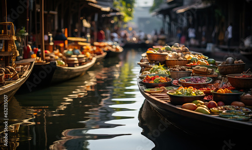 Floating market in Asia, boats with goods. © Andreas