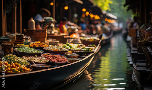 Floating market in Asia, boats with goods.
