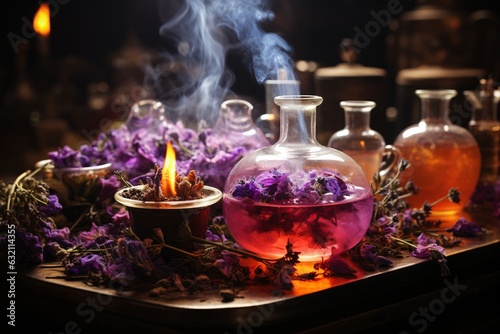 Spa still life with candles and flowers. Magic potion with flowers and candles on dark background. Spa still life with lavender flowers and bottles of essential oil
