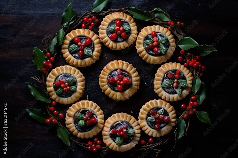 Christmas Miniature Mince Pies with berries and Christmas decor