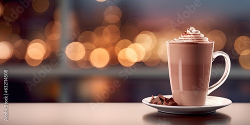 Delicious christmas cocoa. Tasty cappuccino mug. Closeup of hot chocolate cup on wooden table. Blurred background