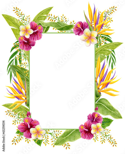 Tropical flowers frame. Watercolor painting with  Hibiscus rose, strelitzia, frangipani and palm leaves isolated on white background. Floral summer border.