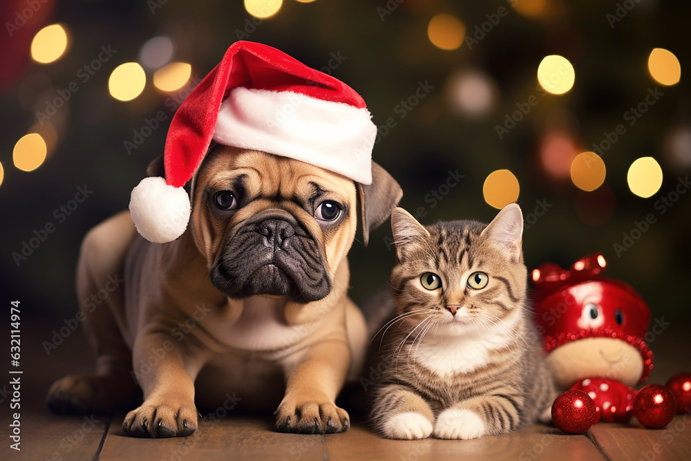 Cute dog and cat together near christmas tree and gifts Cute dog and cat together near christmas tree and gifts