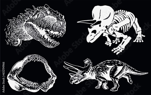 Graphical set of dinosaurs isolated on black background,vector illustration,tattoo  