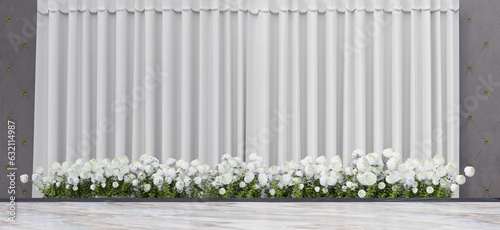 performance stage backdrop background wedding scene decorated with white flowers 3d illustration