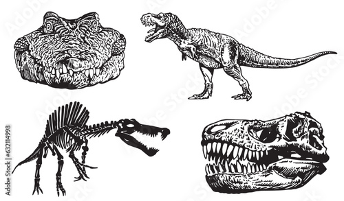 Graphical set of dinosaurs isolated on white background,vector illustration,tattoo  