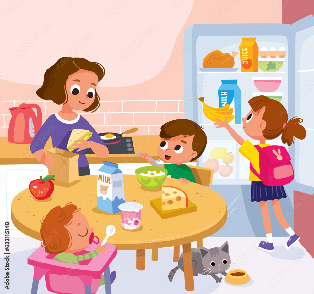 Family having breakfast in the kitchen. Mom with children. Healthy food. Eating healthy. Family having breakfast in the kitchen. Mom with children. Healthy food. Eating healthy.