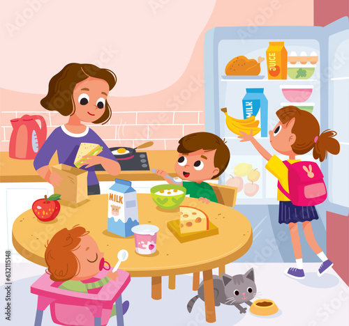 Family having breakfast in the kitchen. Mom with children. Healthy food. Eating healthy.