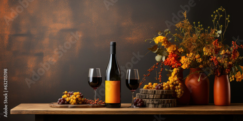 Wine bottle on the wooden shelf with colorful flowers. Generative AI