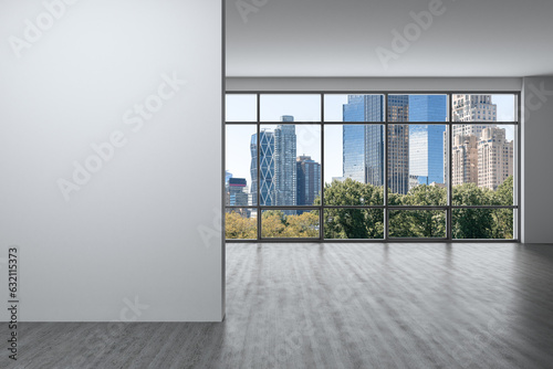 Empty room Interior Skyscrapers View Cityscape. Central Park Midtown New York City Manhattan Skyline Buildings from Window. Beautiful Expensive Real Estate. White mockup wall. Day time. 3d rendering.