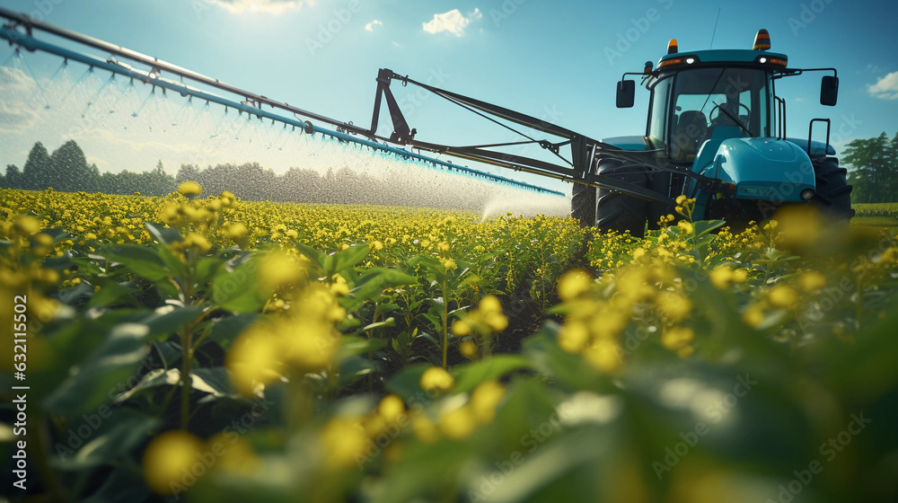 A low angle view capturing the efficiency and speed of a tractor spraying pesticides on a soybean field A low angle view capturing the efficiency and speed of a tractor spraying pesticides on a soybean field