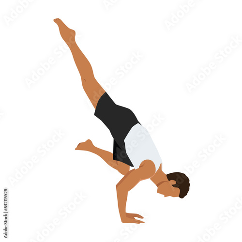 Man doing Flying crow pose. Flat vector illustration isolated on white background