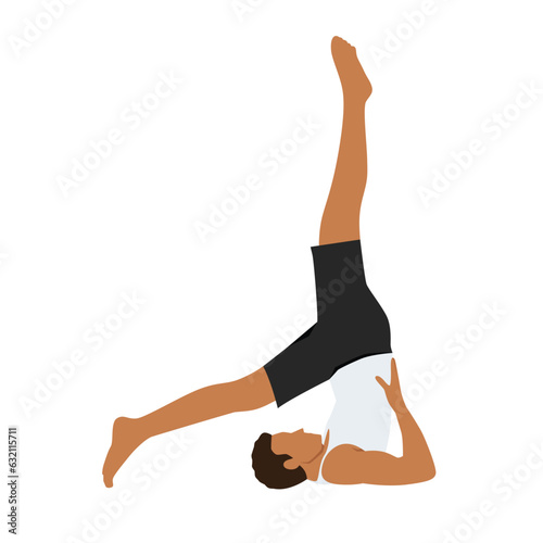 Man doing yoga shoulder stand pose. using hands push back and lift the legs up. Flat vector illustration isolated on white background