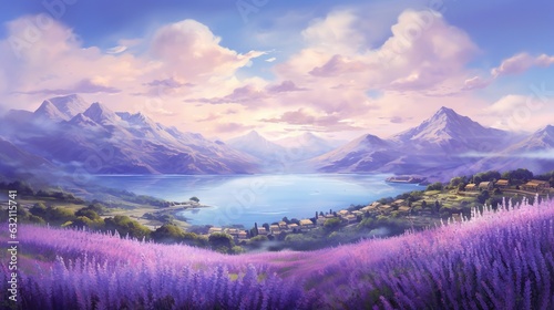 a painting of a mountain lake surrounded by lavender flowers and mountains. generative ai