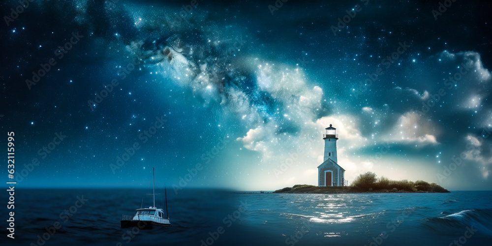 Enchanting nighttime maritime scene showcasing a lighthouse and ship bathed in the soothing blue glow of the moon. Generative AI