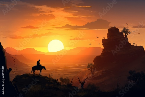 Wild cowboy sunset view. Generate Ai