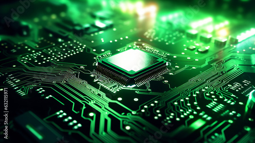 Close-up picture of Computer Chip and Circuit Board, Green Glowing, Micro Processor