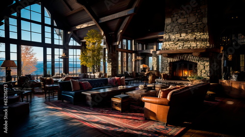 inviting and cozy lodge lobby in a mountain retreat  featuring a stone fireplace  wooden beams  and rustic furnishings.