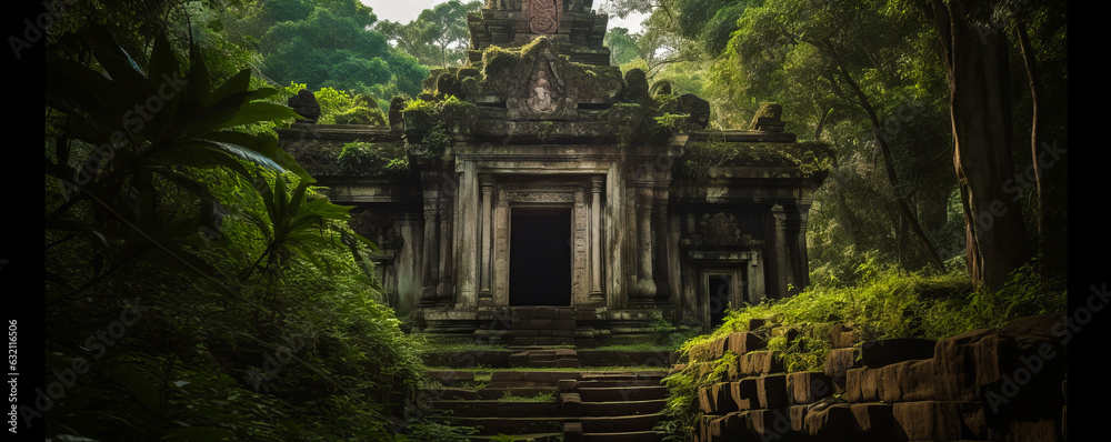 Fototapeta premium Mystic ancient temple nestled in lush vegetation, promising intrigue and exploration. Balanced lighting accentuates intricate architecture details. Generative AI