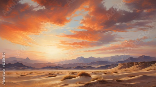  a painting of a desert with a sunset in the background. generative ai