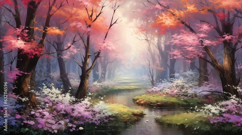  a painting of a stream in a forest with pink flowers. generative ai