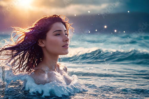 A young beautiful smiling girl with brown hair is standing on the beach among the sea waves up to her chest in the water. The wind blows the hairstyle. Generative AI