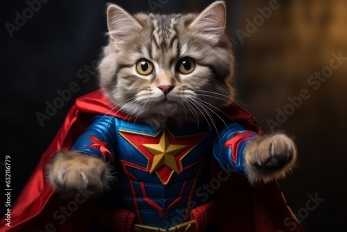 Cat in a superhero costume. Halloween masquerade concept. Background © top images
