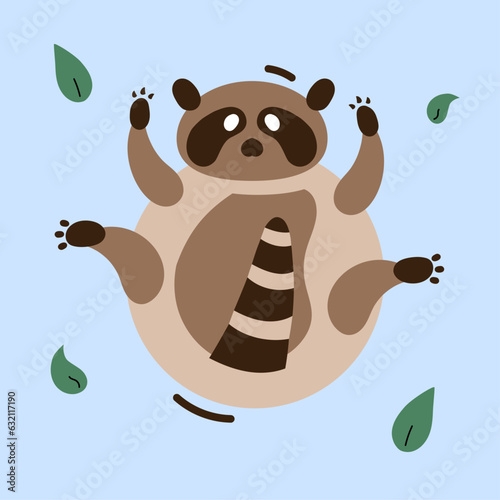 brown racoon with leaves flat style illustration with blue background