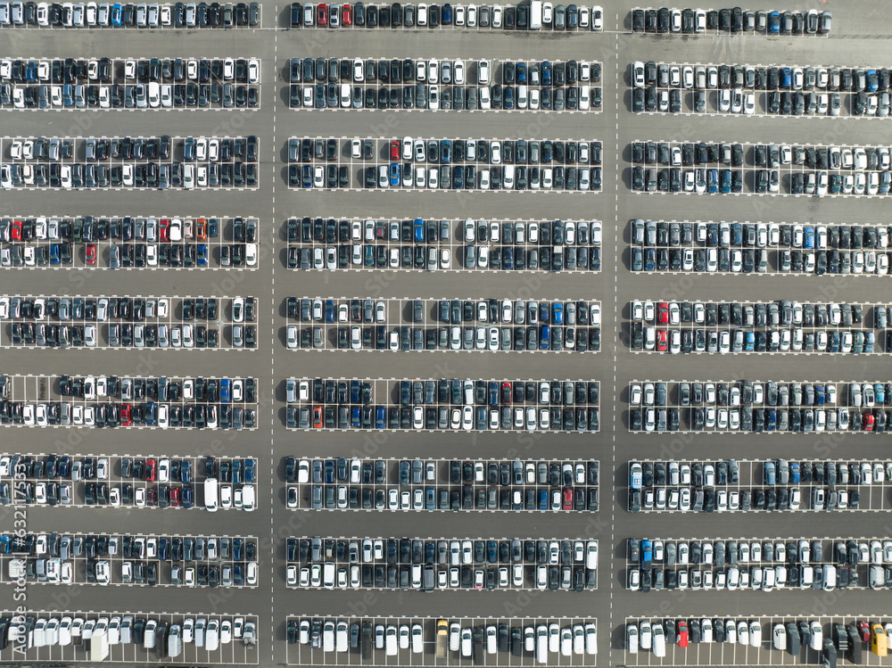 Large car park top down view aerial drone view. Large car park top down view aerial drone view.