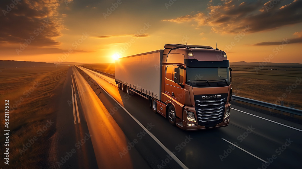 truck on the track, motorway. sunrise or sunset. the car makes international cargo transportation