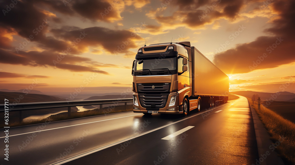 truck on the track, motorway. sunrise or sunset. the car makes international cargo transportation truck on the track, motorway. sunrise or sunset. the car makes international cargo transportation