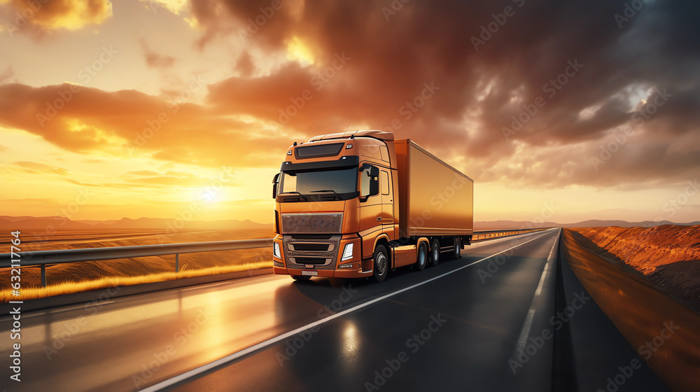 truck on the track, motorway. sunrise or sunset. the car makes international cargo transportation