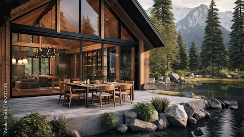 a luxurious and beautiful house exterior space, alpine view, lakeside, cabin retreat, Generated by AI 