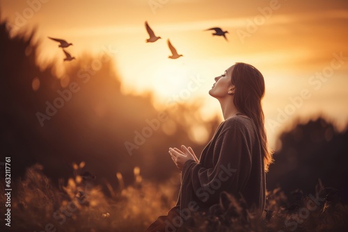 Woman praying sunset view. Generate Ai photo